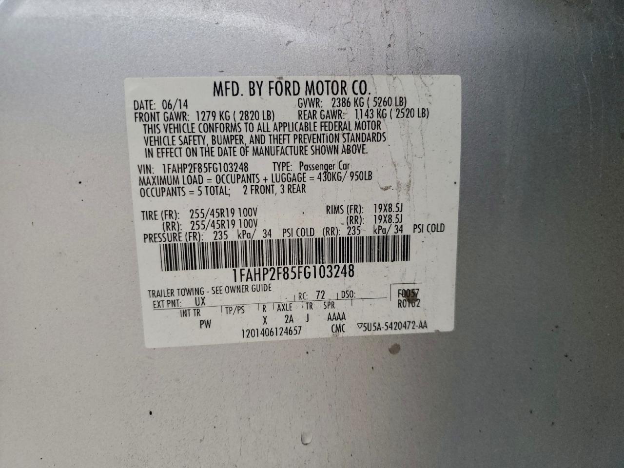 2015 Ford Taurus Limited VIN: 1FAHP2F85FG103248 Lot: 93886835