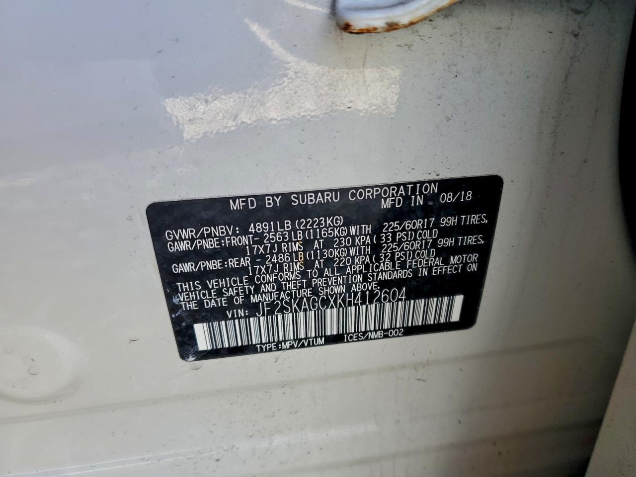 2019 Subaru Forester Premium VIN: JF2SKAGCXKH412604 Lot: 94126895