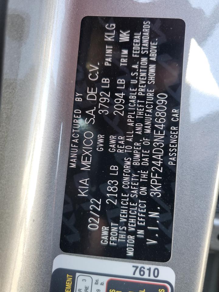 2022 Kia Forte Fe VIN: 3KPF24AD3NE468090 Lot: 91185665