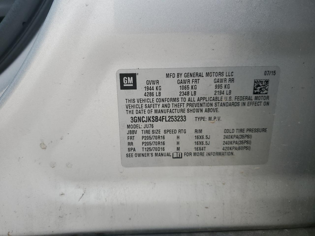 2015 Chevrolet Trax Ls VIN: 3GNCJKSB4FL253233 Lot: 93421995