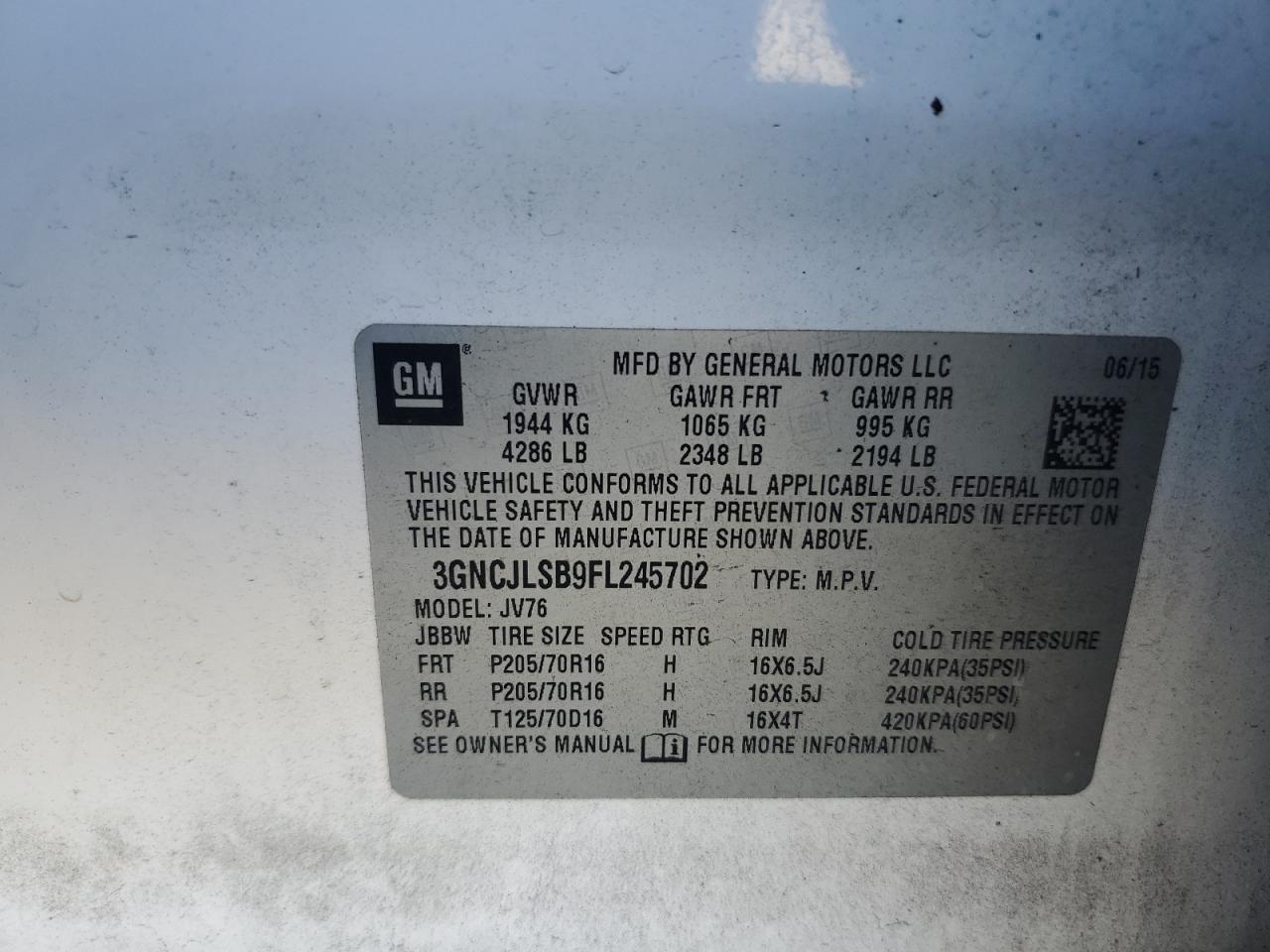 2015 Chevrolet Trax 1Lt VIN: 3GNCJLSB9FL245702 Lot: 92503935