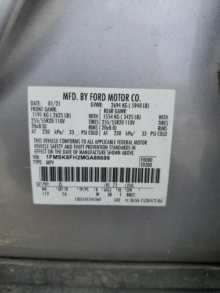 2021 Ford Explorer Limited VIN: 1FMSK8FH2MGA88699 Lot: 92916845