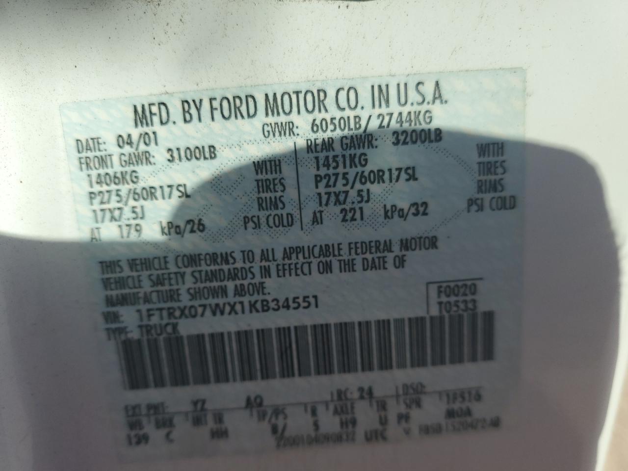 2001 Ford F150 VIN: 1FTRX07WX1KB34551 Lot: 91315585