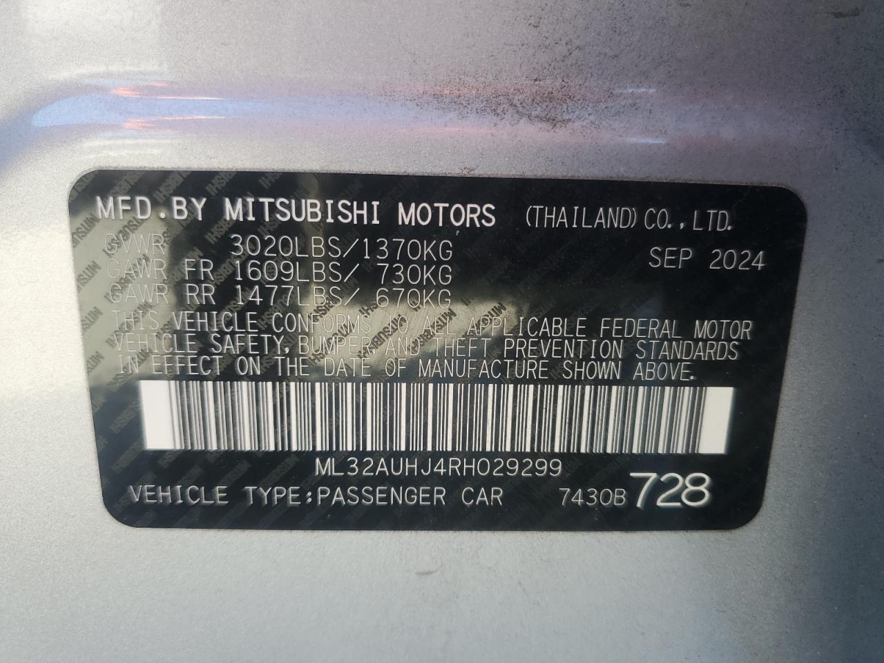 2024 Mitsubishi Mirage Es VIN: ML32AUHJ4RH029299 Lot: 92607935