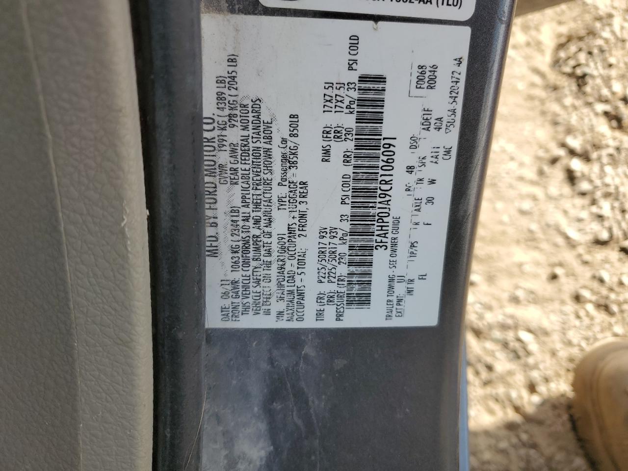 2012 Ford Fusion Sel VIN: 3FAHP0JA9CR106091 Lot: 92923295