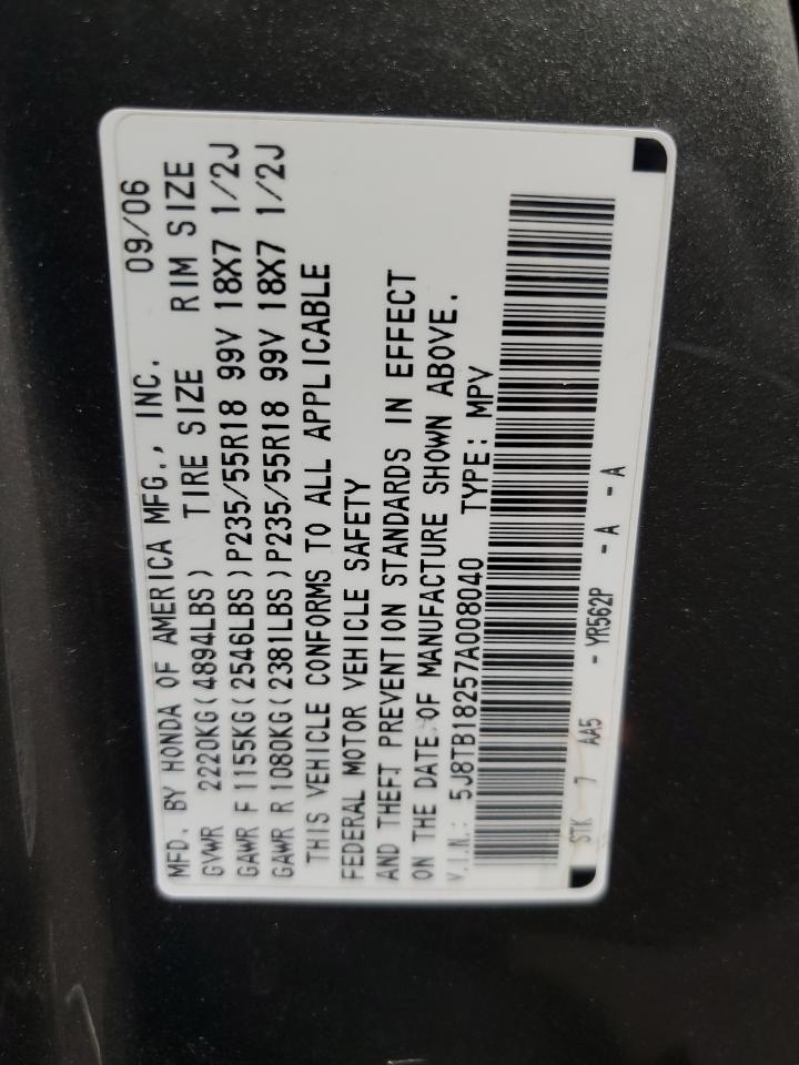 2007 Acura Rdx VIN: 5J8TB18257A008040 Lot: 92821465