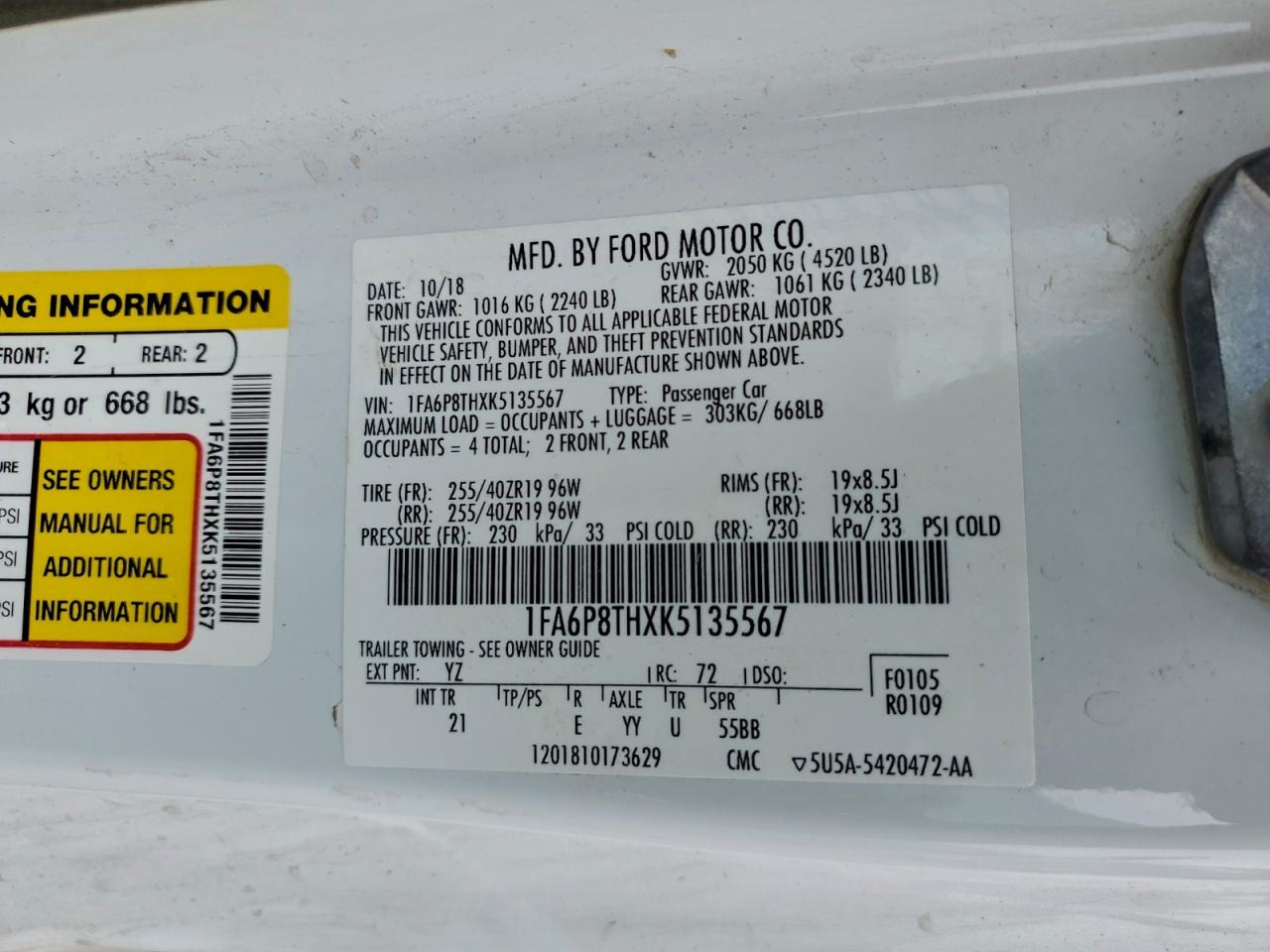 2019 Ford Mustang VIN: 1FA6P8THXK5135567 Lot: 93893915