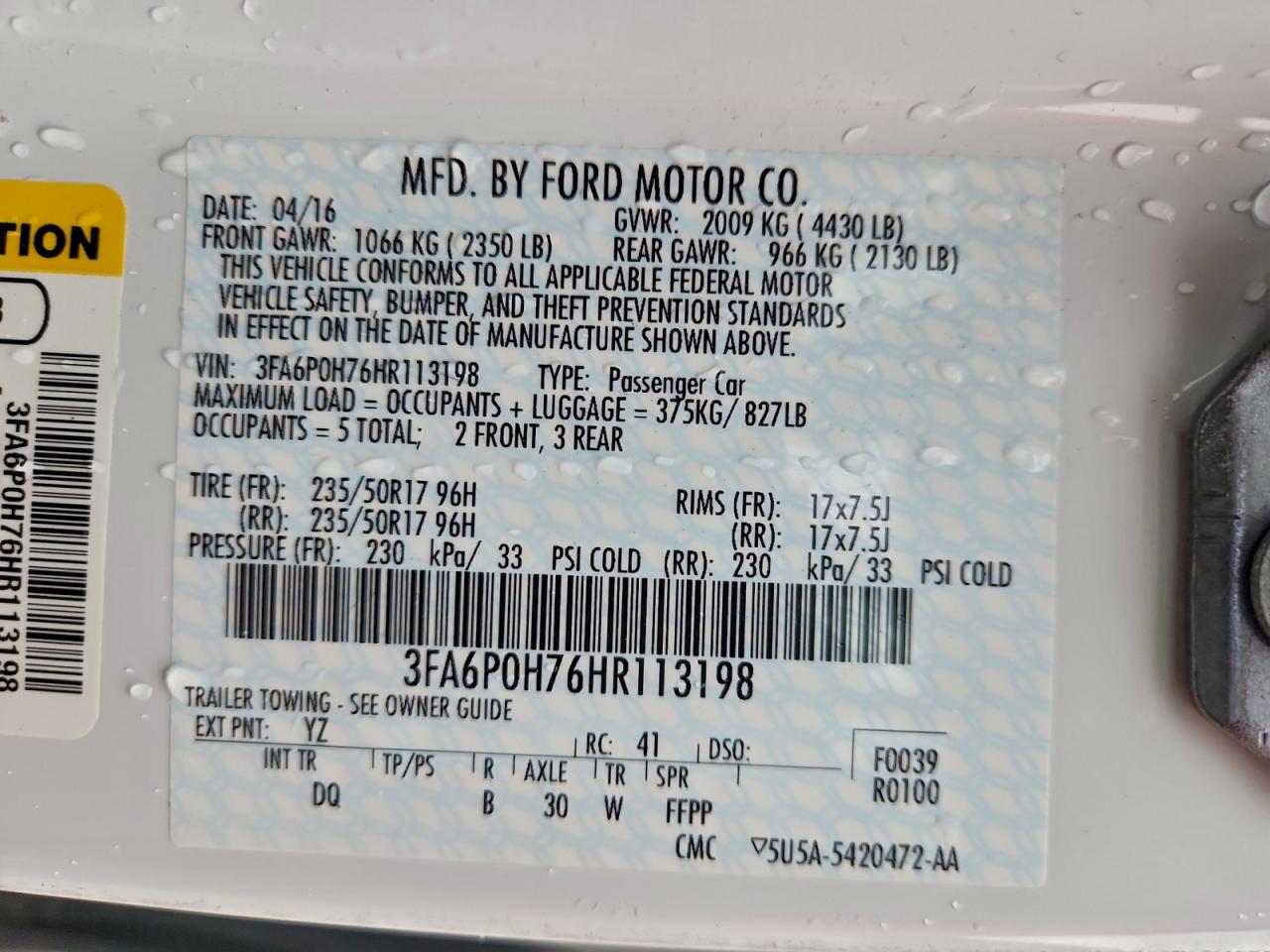 2017 Ford Fusion Se VIN: 3FA6P0H76HR113198 Lot: 94050685