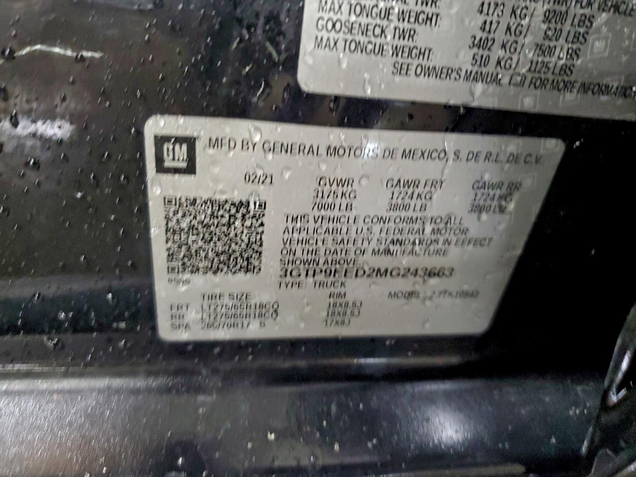 2021 GMC Sierra K1500 At4 VIN: 3GTP9EED2MG243663 Lot: 93754875