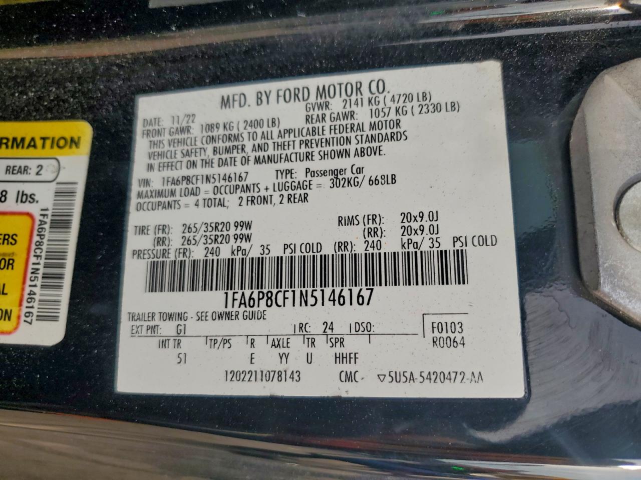 2022 Ford Mustang Gt VIN: 1FA6P8CF1N5146167 Lot: 93451985