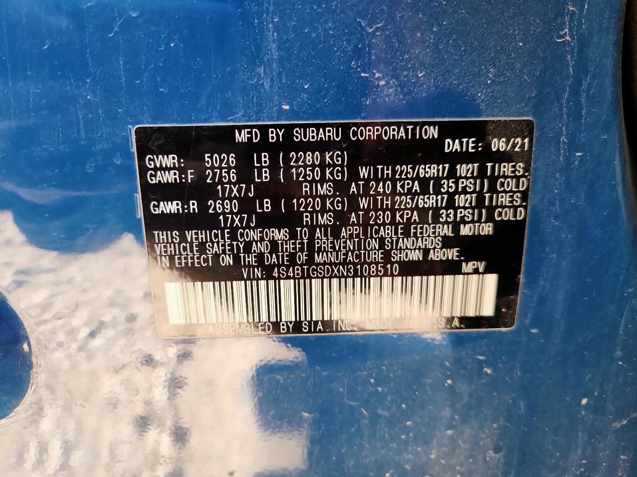 2022 Subaru Outback Wilderness VIN: 4S4BTGSDXN3108510 Lot: 91102445