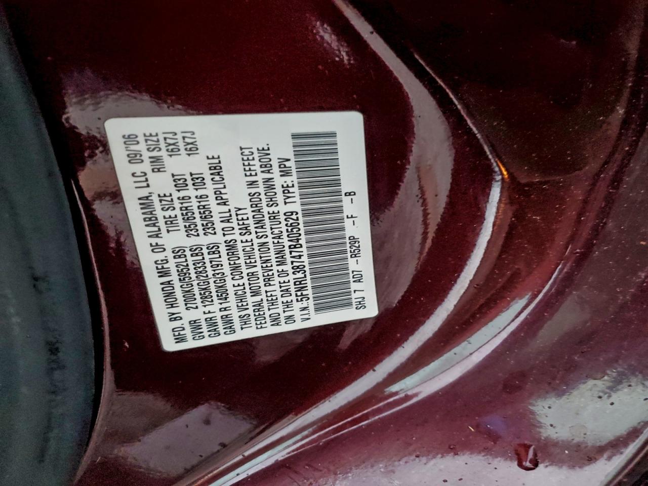 2007 Honda Odyssey Exl VIN: 5FNRL38747B405629 Lot: 94321985