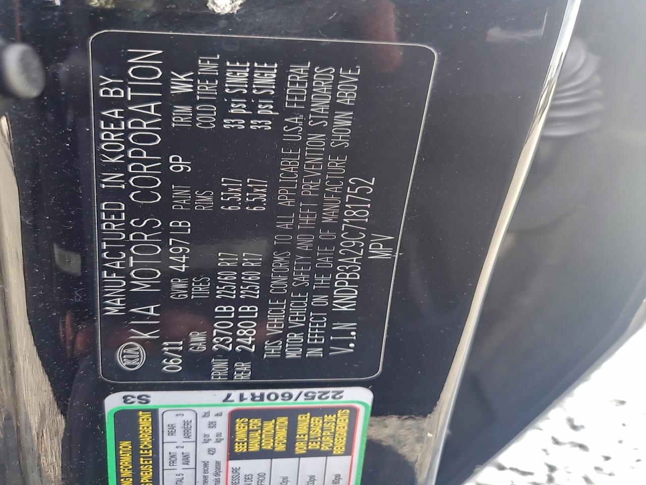 2012 Kia Sportage Base VIN: KNDPB3A29C7181752 Lot: 93822215