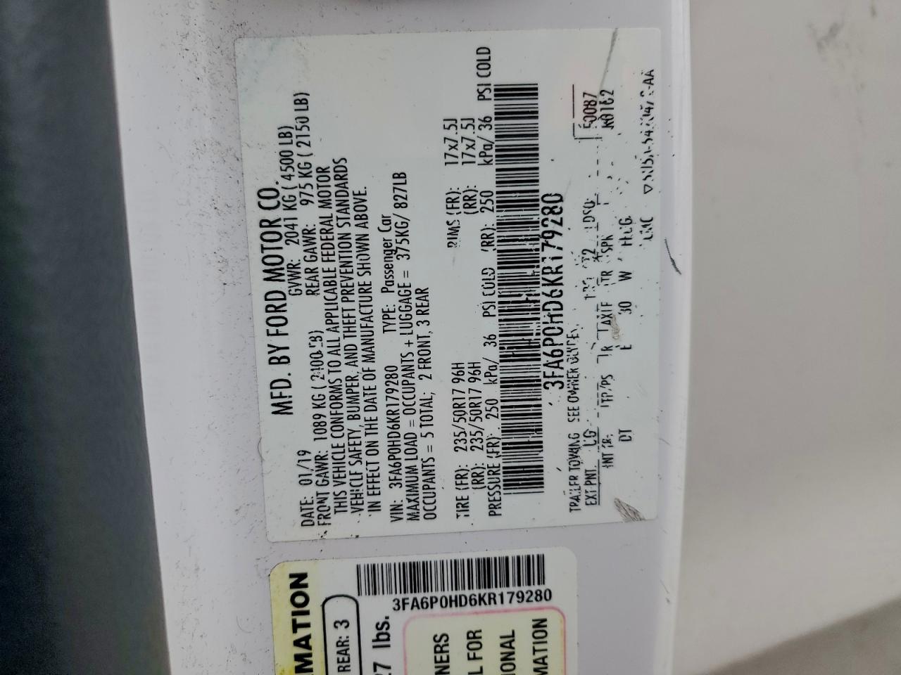 2019 Ford Fusion Se VIN: 3FA6P0HD6KR179280 Lot: 94723655