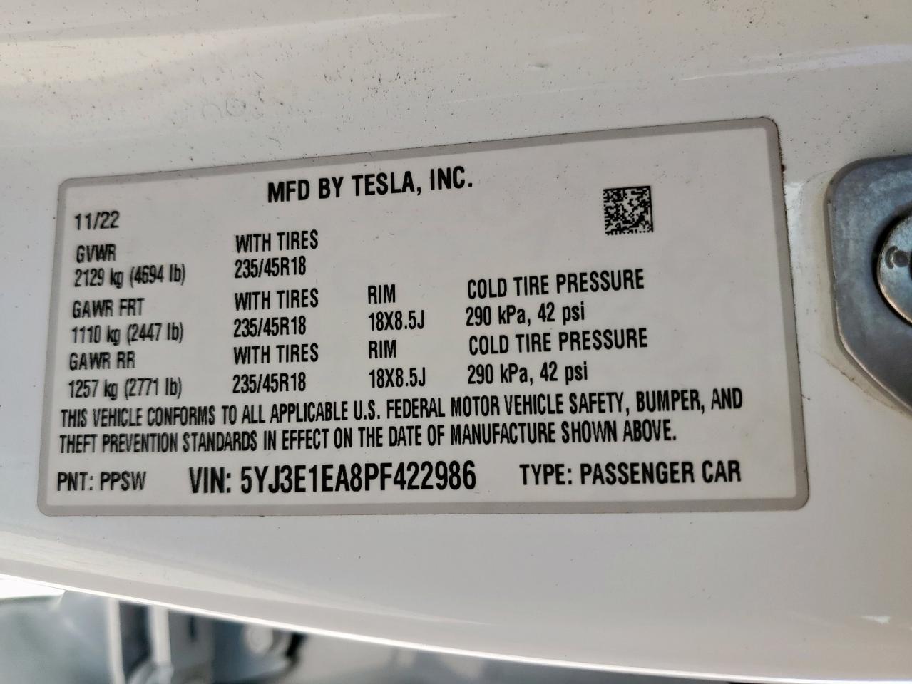 2023 Tesla Model 3 VIN: 5YJ3E1EA8PF422986 Lot: 93451105