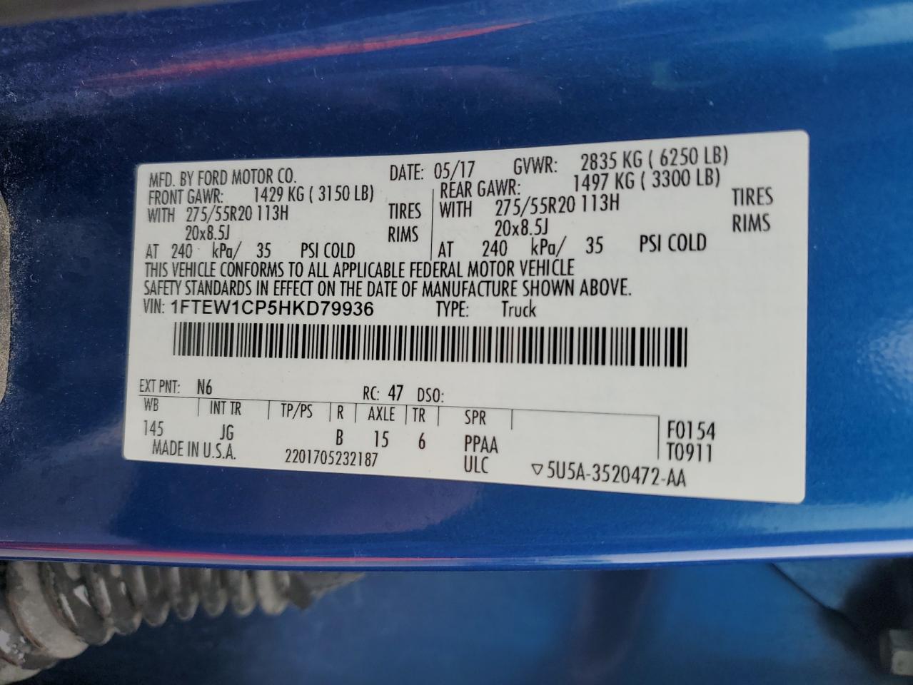 2017 Ford F150 Supercrew VIN: 1FTEW1CP5HKD79936 Lot: 93608485