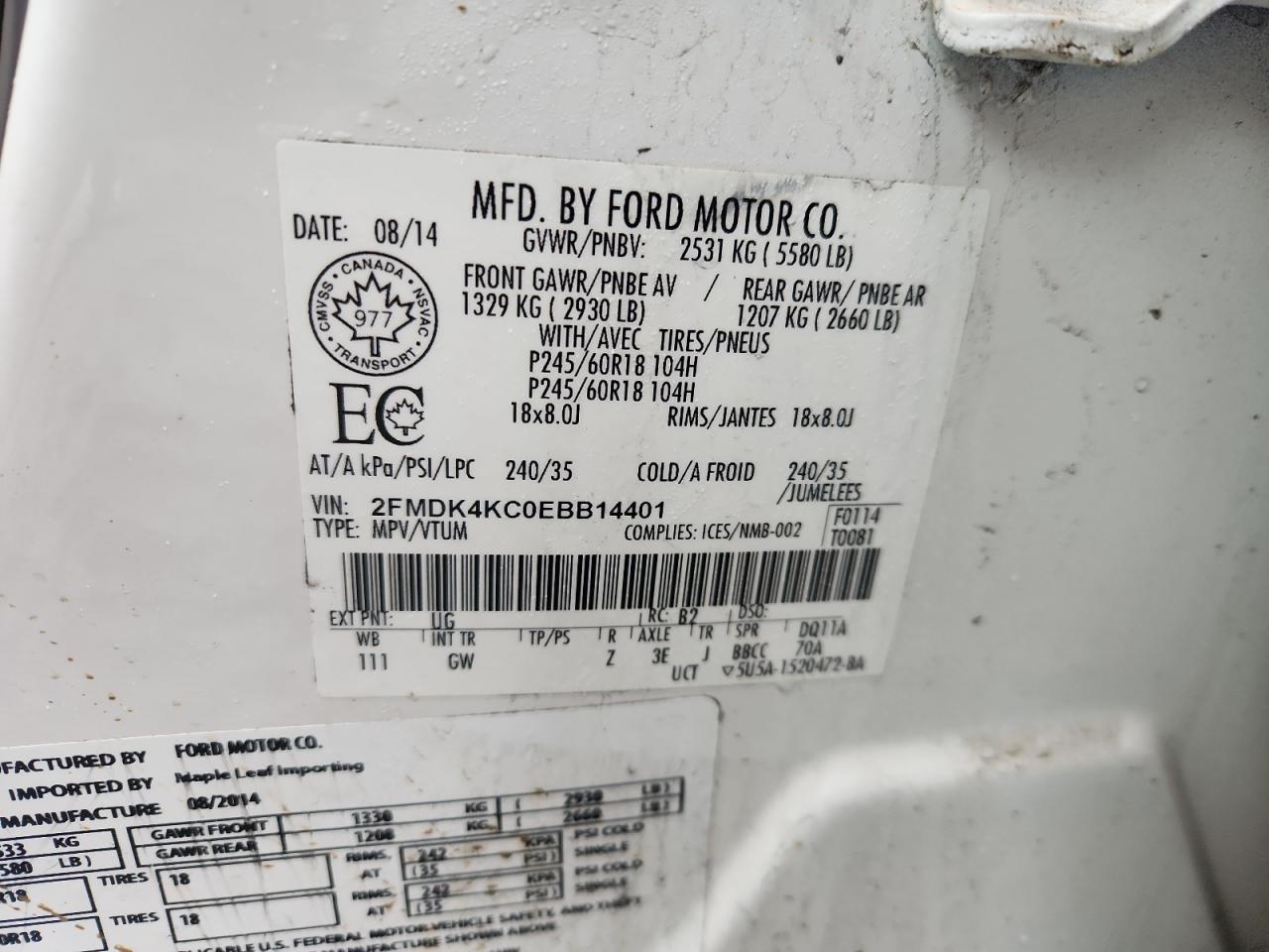 2014 Ford Edge Limited VIN: 2FMDK4KC0EBB14401 Lot: 92106595