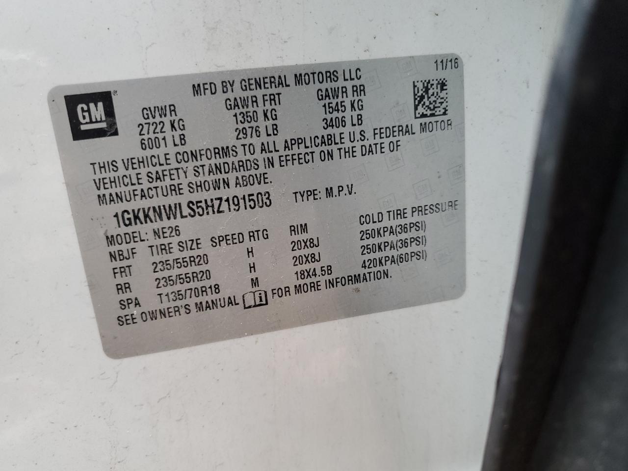 2017 GMC Acadia Slt-2 VIN: 1GKKNWLS5HZ191503 Lot: 91793725