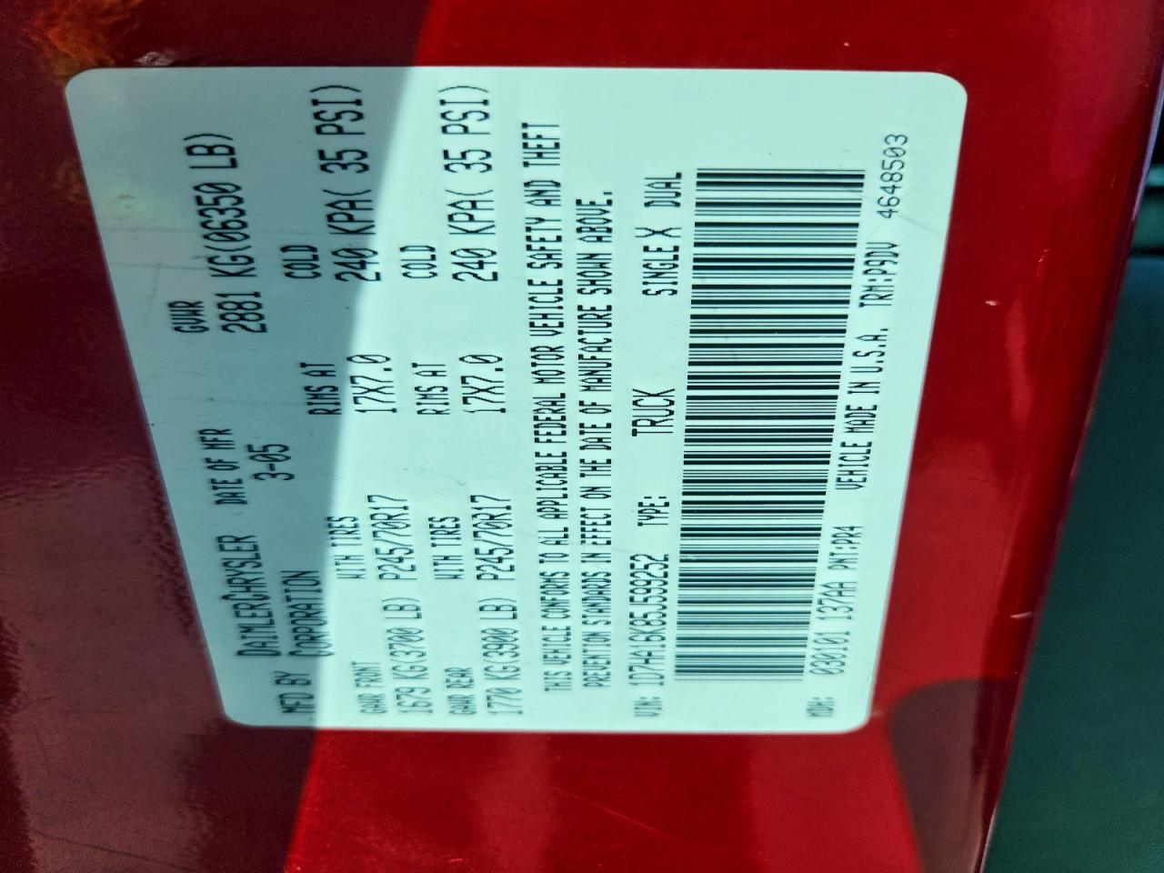 2005 Dodge Ram 1500 St VIN: 1D7HA16K85J599252 Lot: 93430015