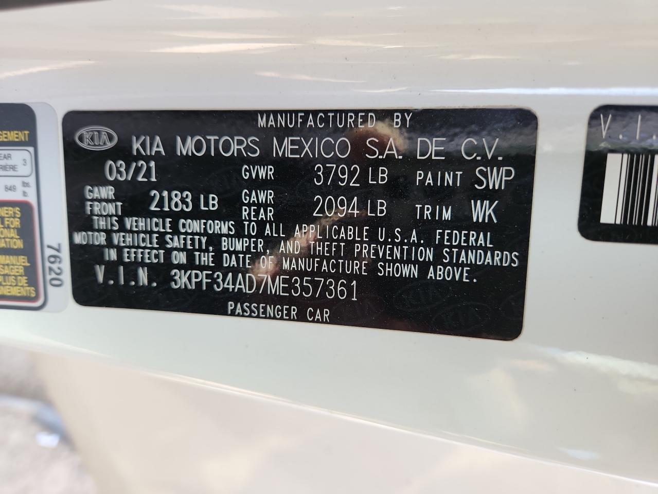 2021 Kia Forte Gt Line VIN: 3KPF34AD7ME357361 Lot: 91918195