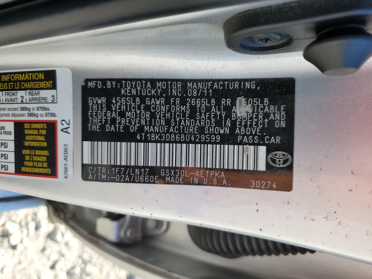 2011 Toyota Avalon Base VIN: 4T1BK3DB6BU429599 Lot: 90600925