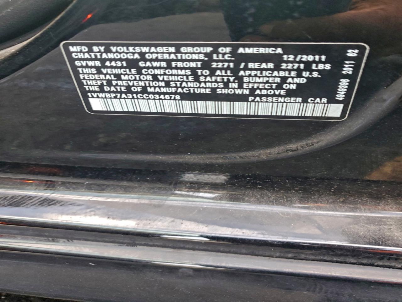 2012 Volkswagen Passat Se VIN: 1VWBP7A31CC034678 Lot: 94236525