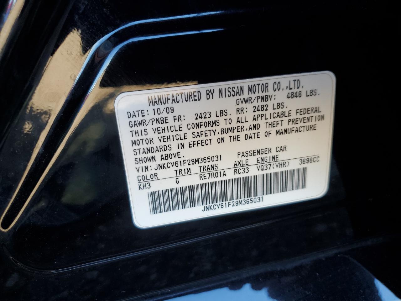 2009 Infiniti G37 VIN: JNKCV61F29M365031 Lot: 92344415