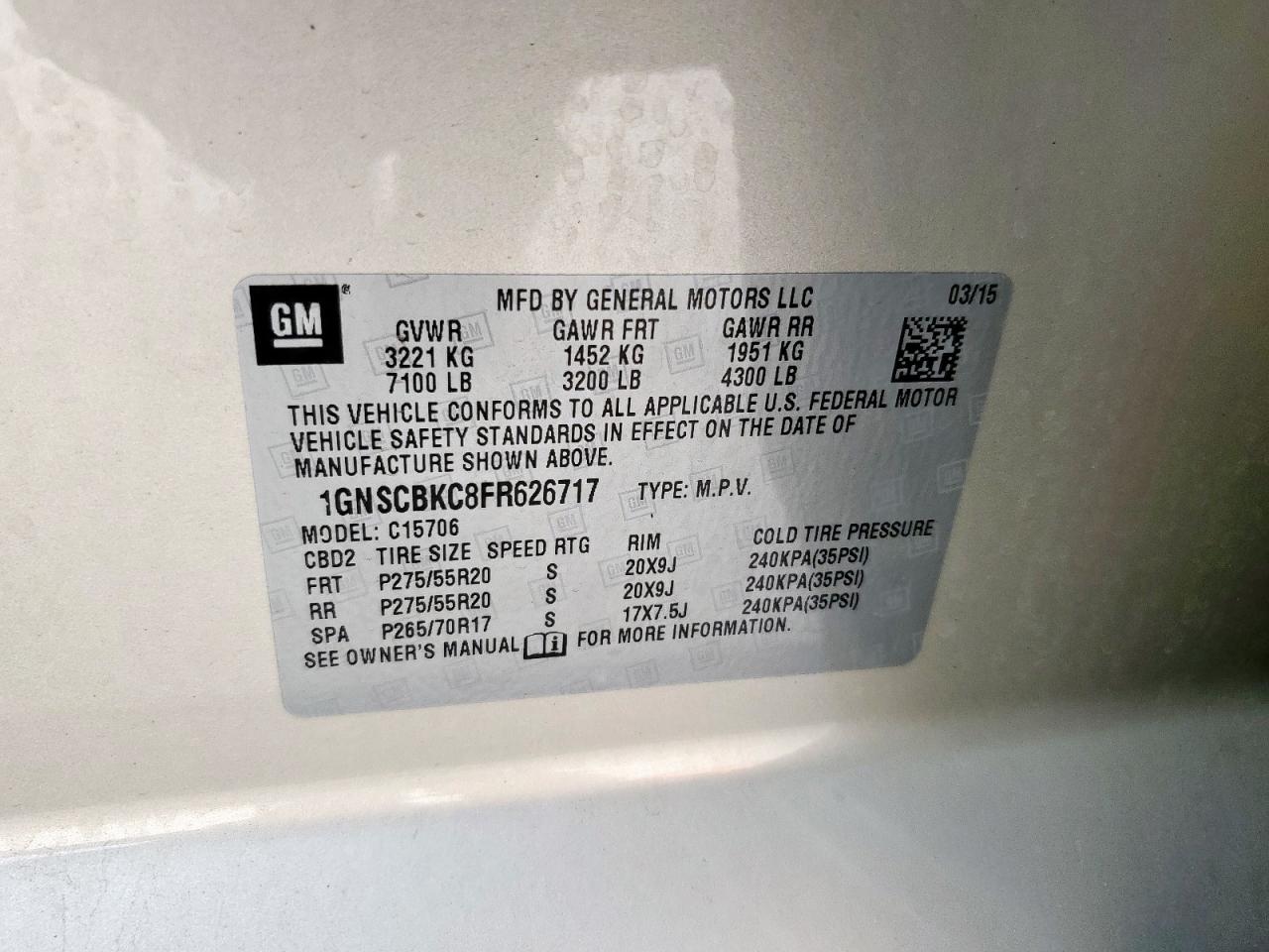 2015 Chevrolet Tahoe C1500 Lt VIN: 1GNSCBKC8FR626717 Lot: 93406835