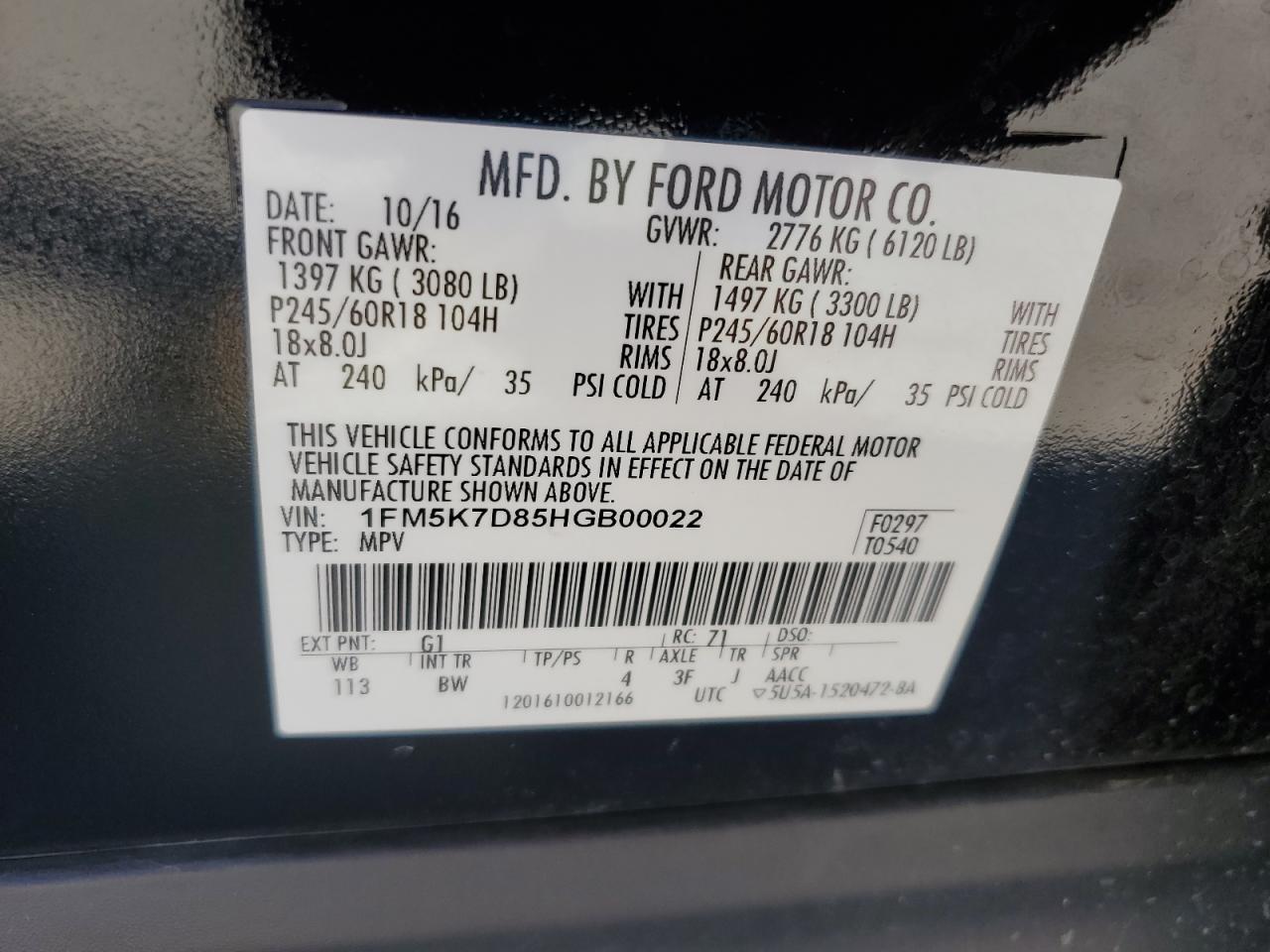 2017 Ford Explorer Xlt VIN: 1FM5K7D85HGB00022 Lot: 92941845