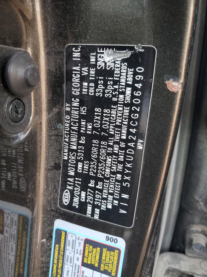 2012 Kia Sorento Ex VIN: 5XYKUDA24CG206490 Lot: 92643525