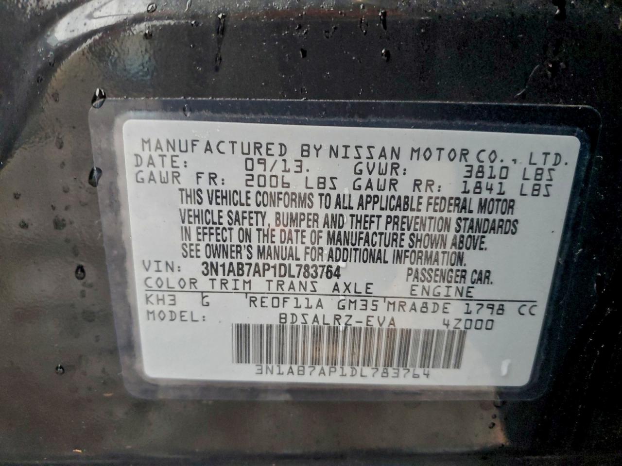 2013 Nissan Sentra S VIN: 3N1AB7AP1DL783764 Lot: 94363625