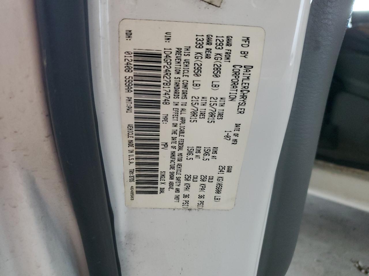 2007 Dodge Grand Caravan Se VIN: 1D4GP24R27B174748 Lot: 91378435