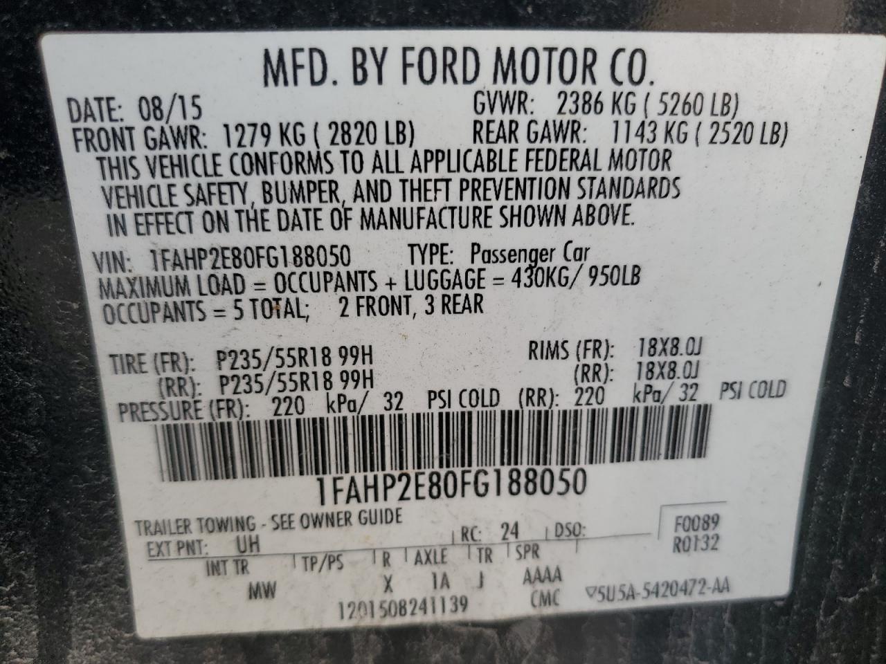 2015 Ford Taurus Sel VIN: 1FAHP2E80FG188050 Lot: 92189385