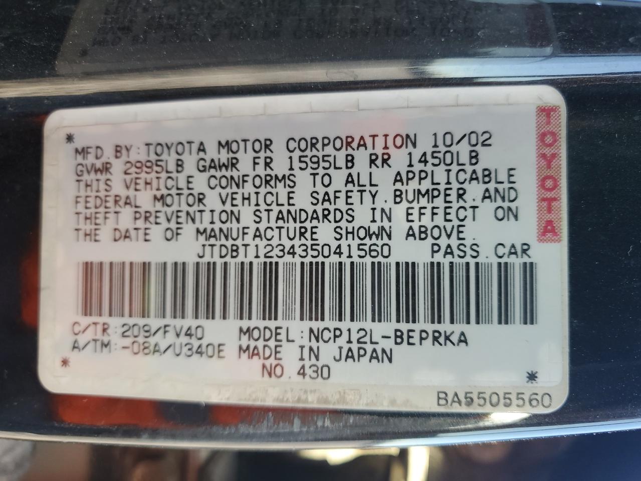 2003 Toyota Echo VIN: JTDBT123435041560 Lot: 92878395