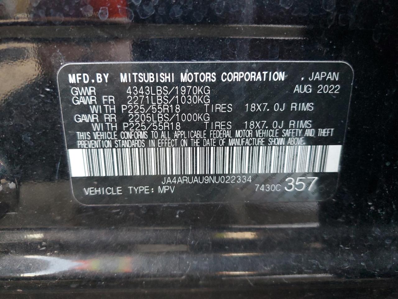 2022 Mitsubishi Outlander Sport Es VIN: JA4ARUAU9NU022334 Lot: 92651775