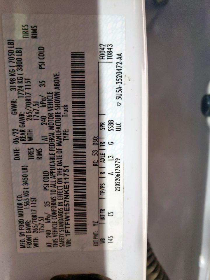 2022 Ford F150 Supercrew VIN: 1FTFW1E57NKE11751 Lot: 92197735