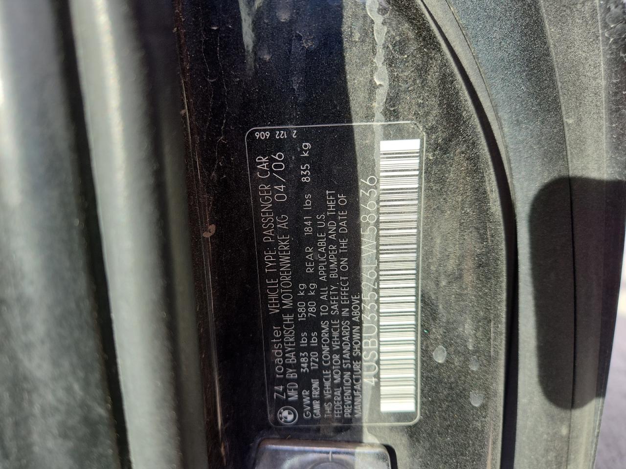 2006 BMW Z4 3.0 VIN: 4USBU33526LW58636 Lot: 93019975