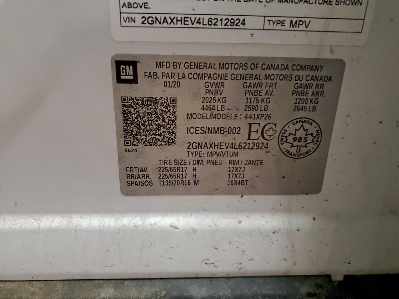 2020 Chevrolet Equinox Ls VIN: 2GNAXHEV4L6212924 Lot: 94130745