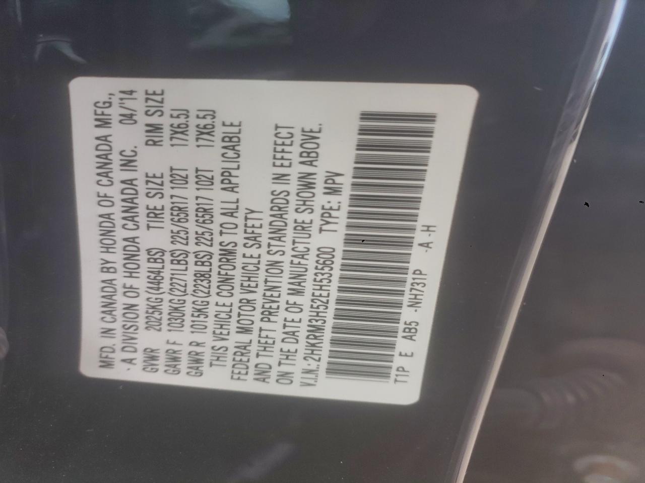 2014 Honda Cr-V Ex VIN: 2HKRM3H52EH535600 Lot: 94500335