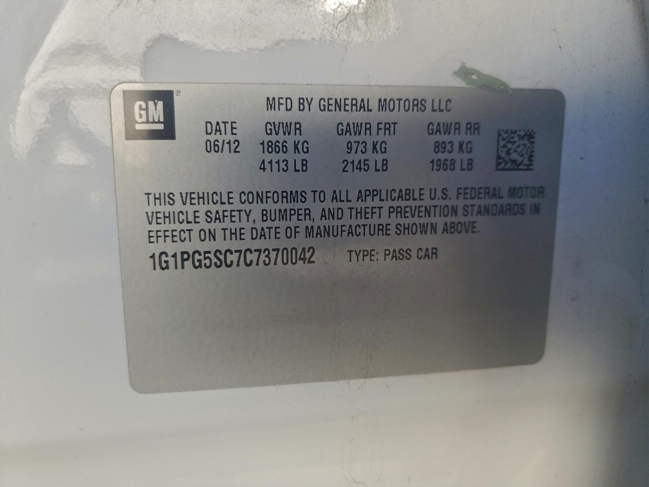 2012 Chevrolet Cruze Lt VIN: 1G1PG5SC7C7370042 Lot: 94168055