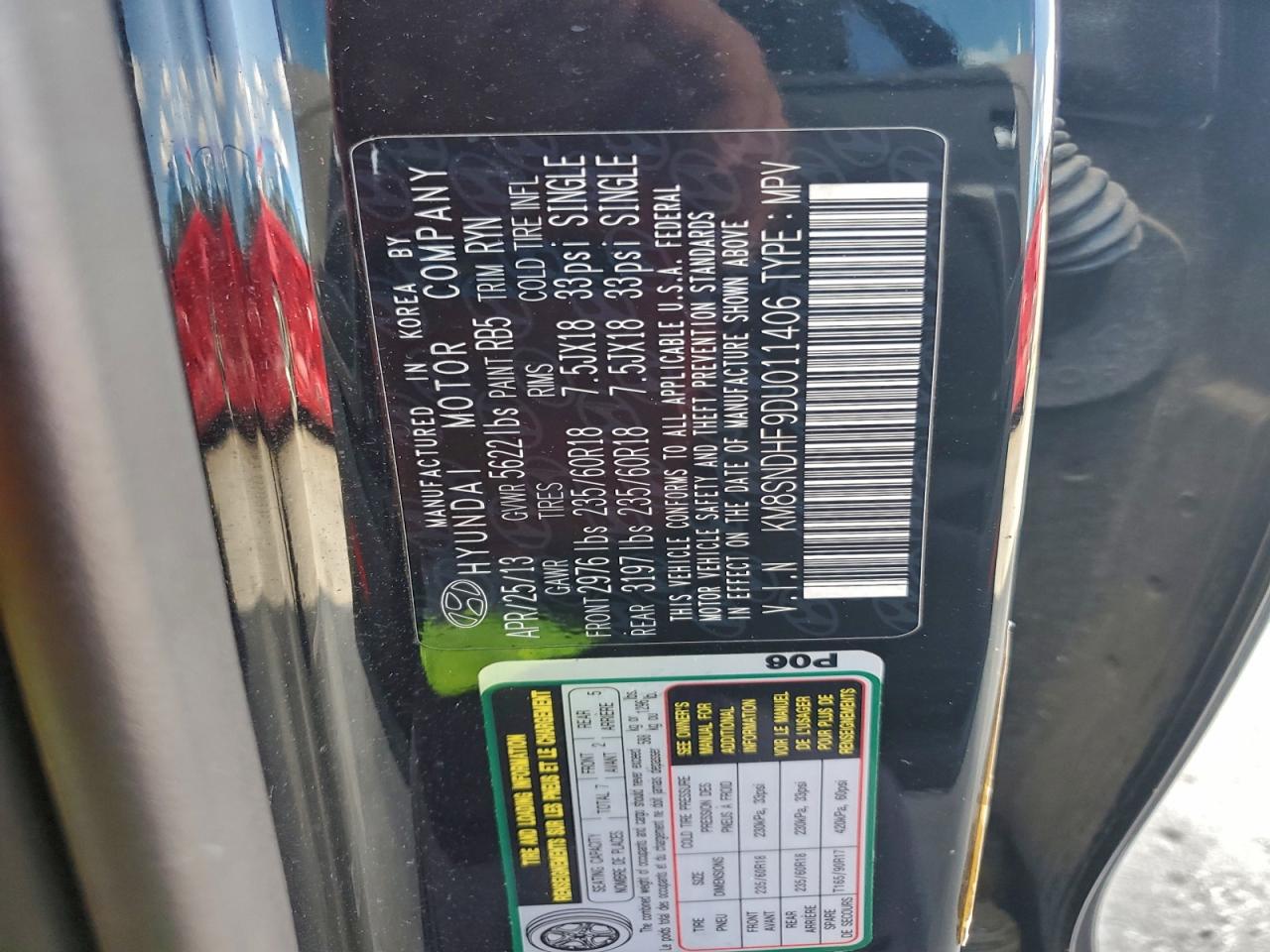 2013 Hyundai Santa Fe Gls VIN: KM8SNDHF9DU011406 Lot: 94472515