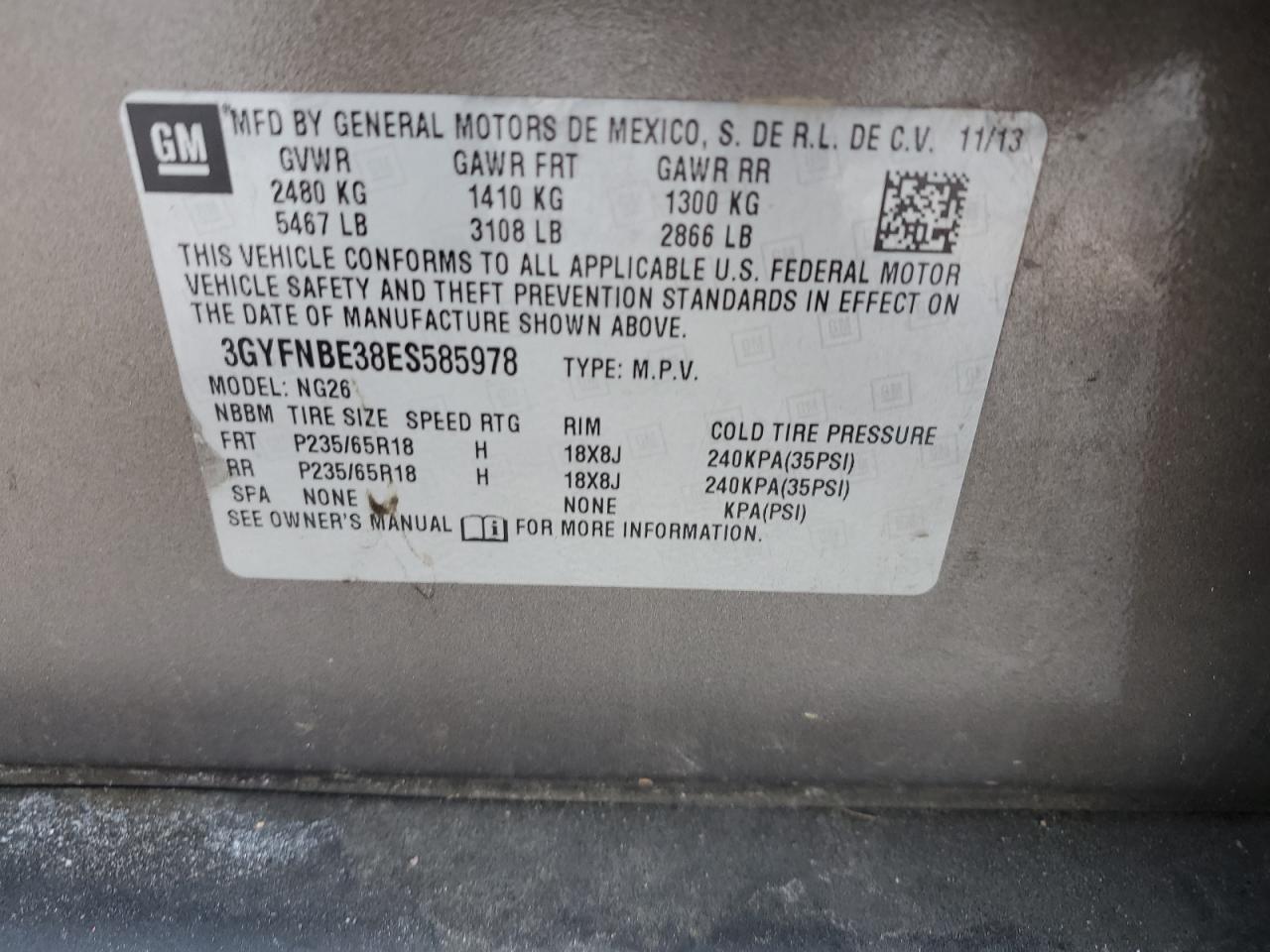 2014 Cadillac Srx Luxury Collection VIN: 3GYFNBE38ES585978 Lot: 92168115