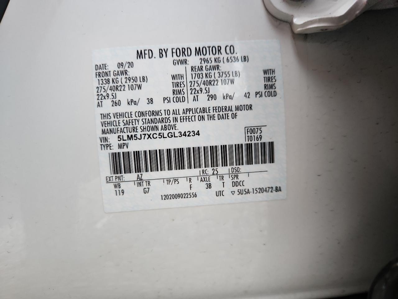 2020 Lincoln Aviator Reserve VIN: 5LM5J7XC5LGL34234 Lot: 93352915