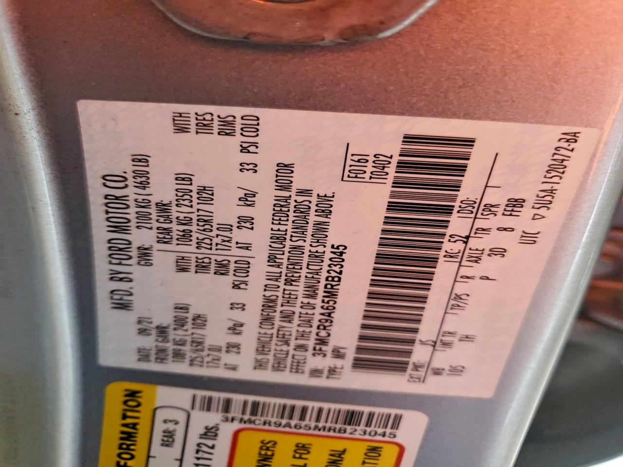 2021 Ford Bronco Sport VIN: 3FMCR9A65MRB23045 Lot: 89508775