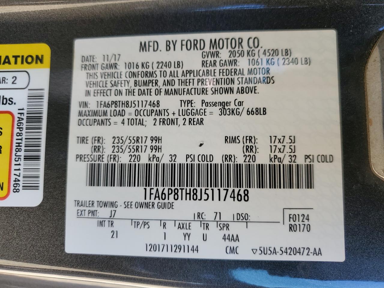 2018 Ford Mustang VIN: 1FA6P8TH8J5117468 Lot: 90889565