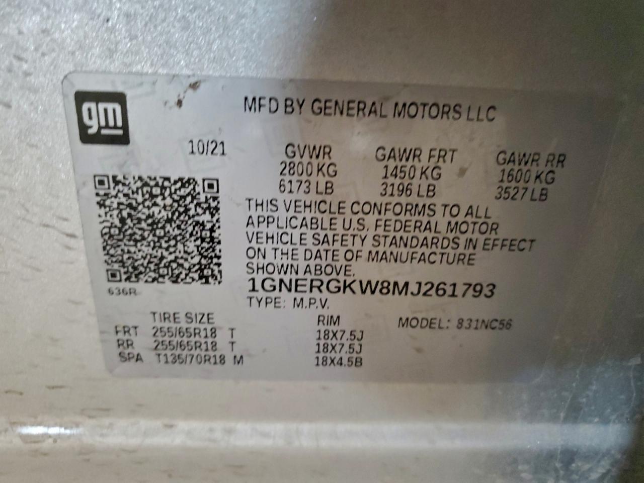 2021 Chevrolet Traverse Lt VIN: 1GNERGKW8MJ261793 Lot: 94141335