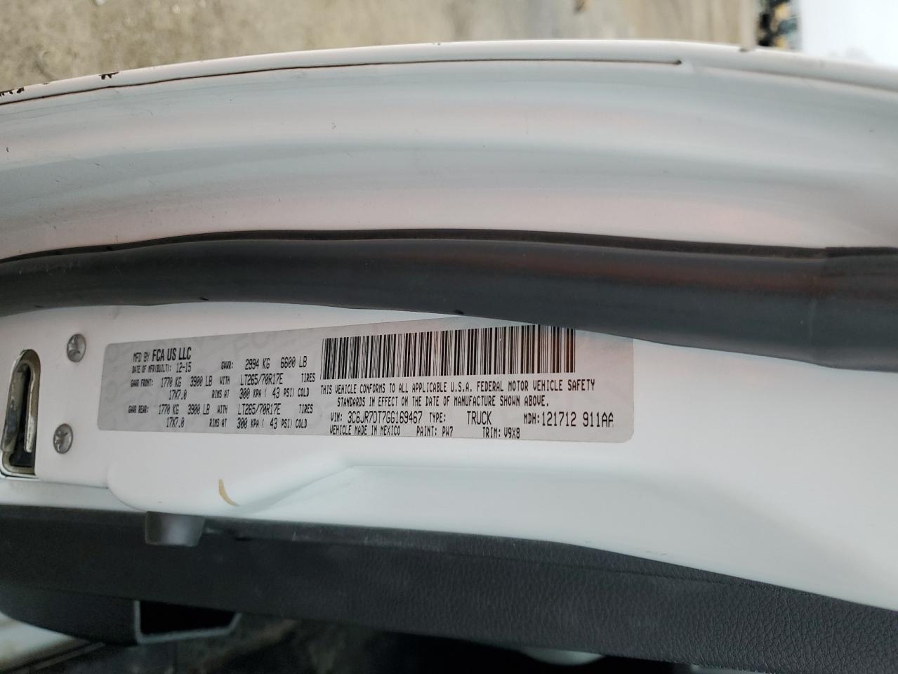 2016 Ram 1500 St VIN: 3C6JR7DT7GG169467 Lot: 92882095