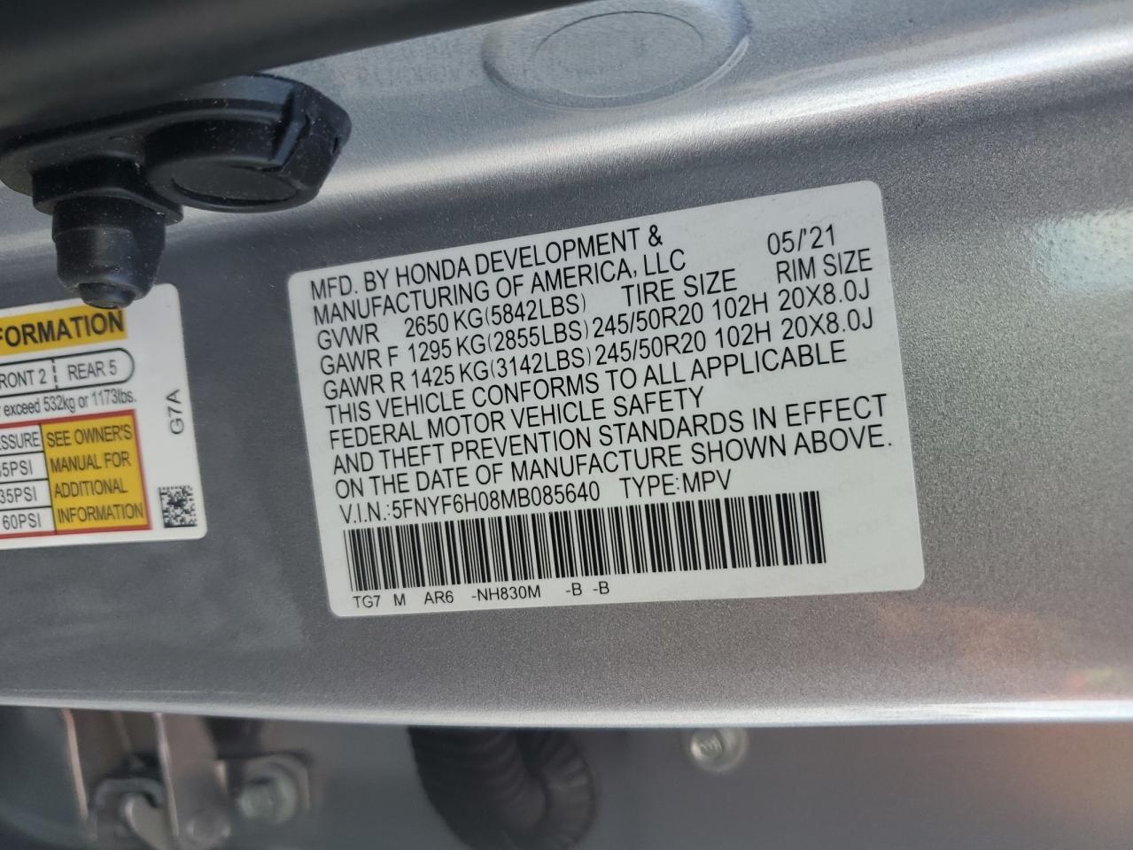 2021 Honda Pilot Elite VIN: 5FNYF6H08MB085640 Lot: 91486675