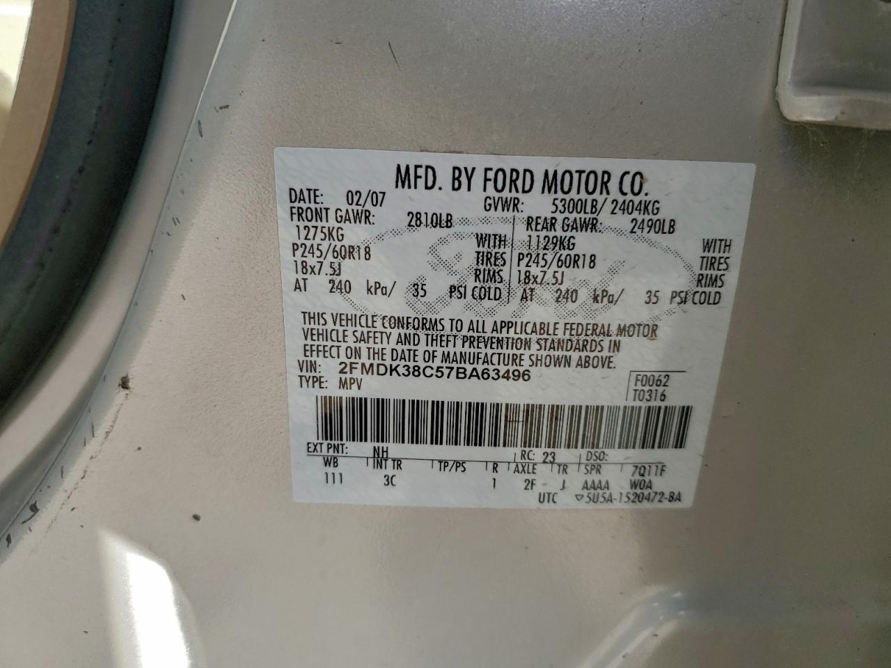 2007 Ford Edge Sel VIN: 2FMDK38C57BA63496 Lot: 92447335