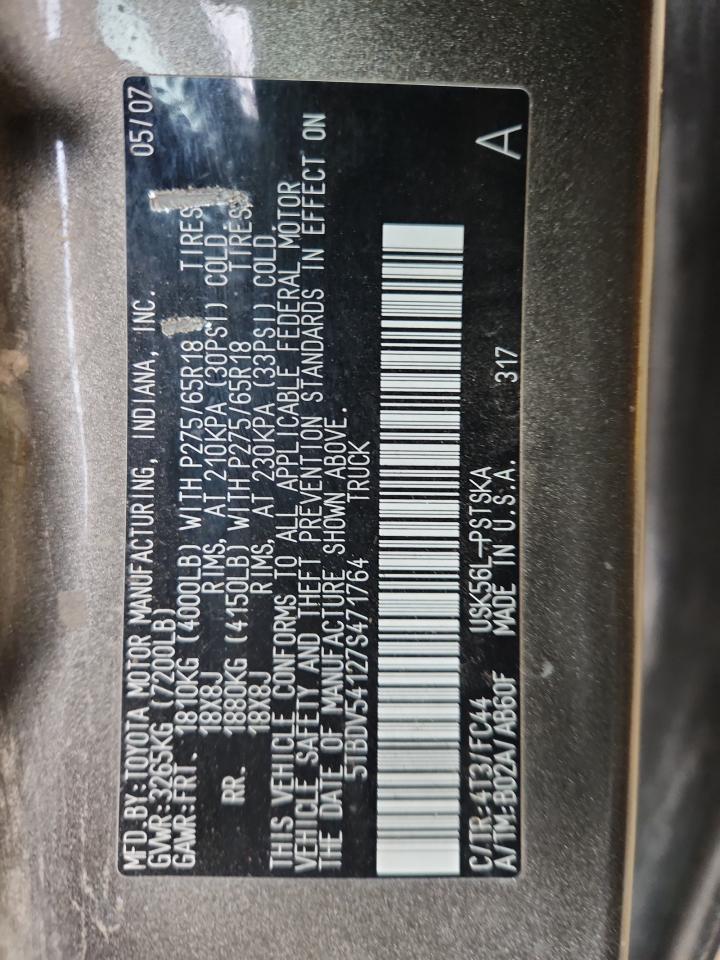 2007 Toyota Tundra Crewmax Sr5 VIN: 5TBDV54127S471764 Lot: 92741075